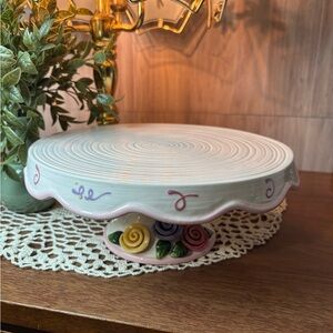Avon Celebration Cake Pedestal Plate with Pink Rim and Floral Base